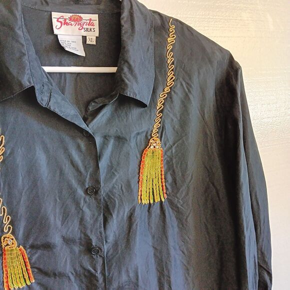 Shangrila Silks Shirt Black Long Sleeve Button Down Sequined Womans XL Vintage - Picture 5 of 13
